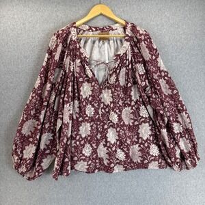 Clara The Label Floral Print‎ Top Burgundy Red White Long Sleeve Blouse Size 3XL